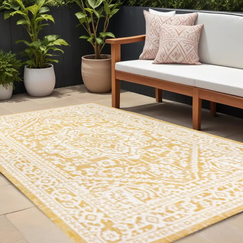 Yellow And Cream Medallion Indoor Outdoor Area Rug Photo 1