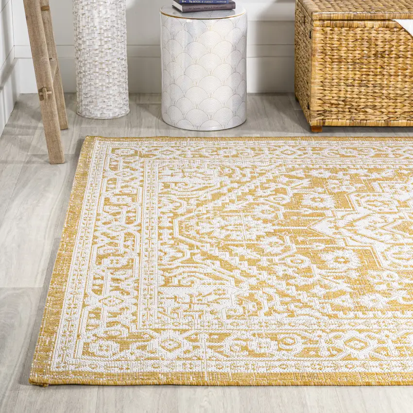 Yellow And Cream Medallion Indoor Outdoor Area Rug Photo 6