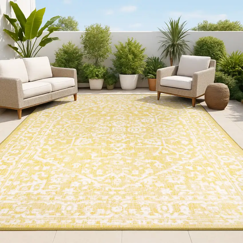 Yellow And Cream Medallion Indoor Outdoor Area Rug Photo 4