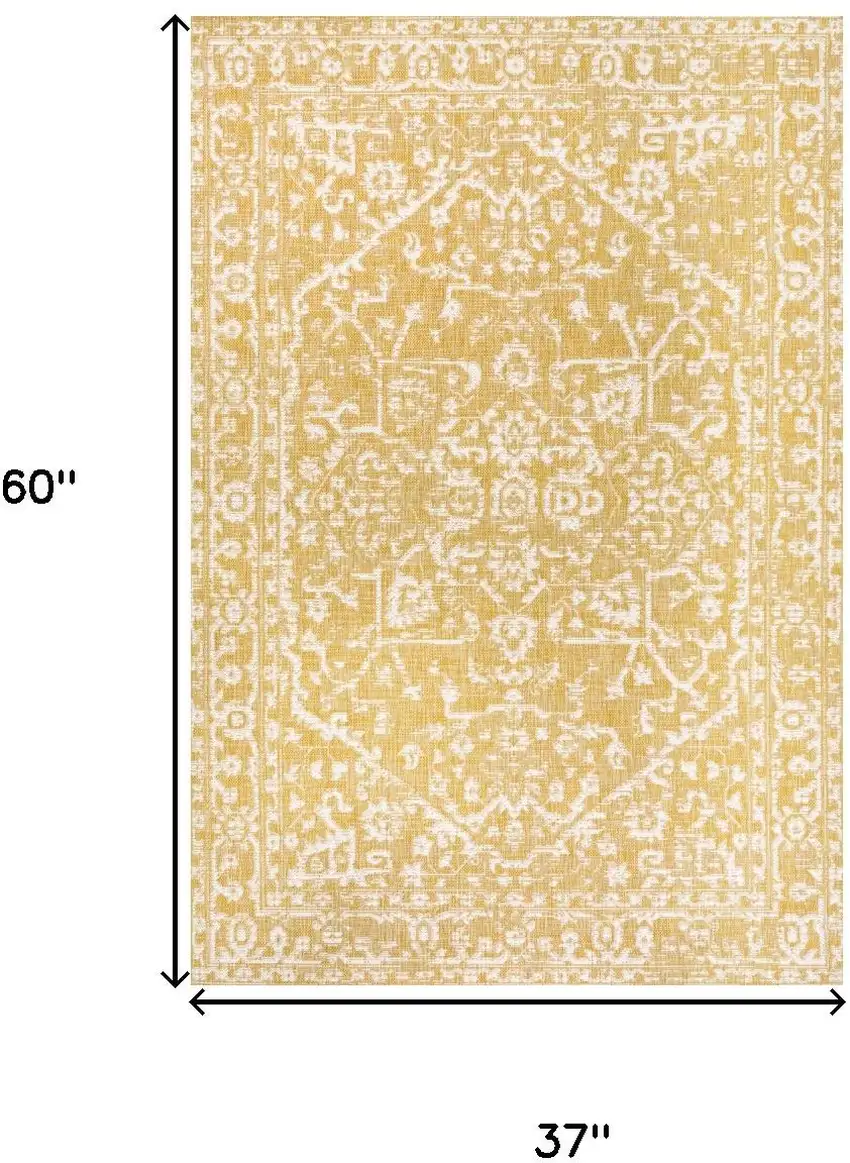 Yellow And Cream Medallion Indoor Outdoor Area Rug Photo 6