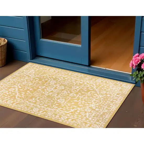 Yellow And Cream Medallion Indoor Outdoor Area Rug Photo 1