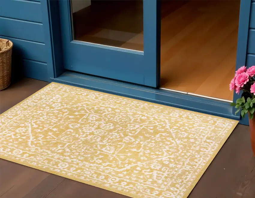 Yellow And Cream Medallion Indoor Outdoor Area Rug Photo 1