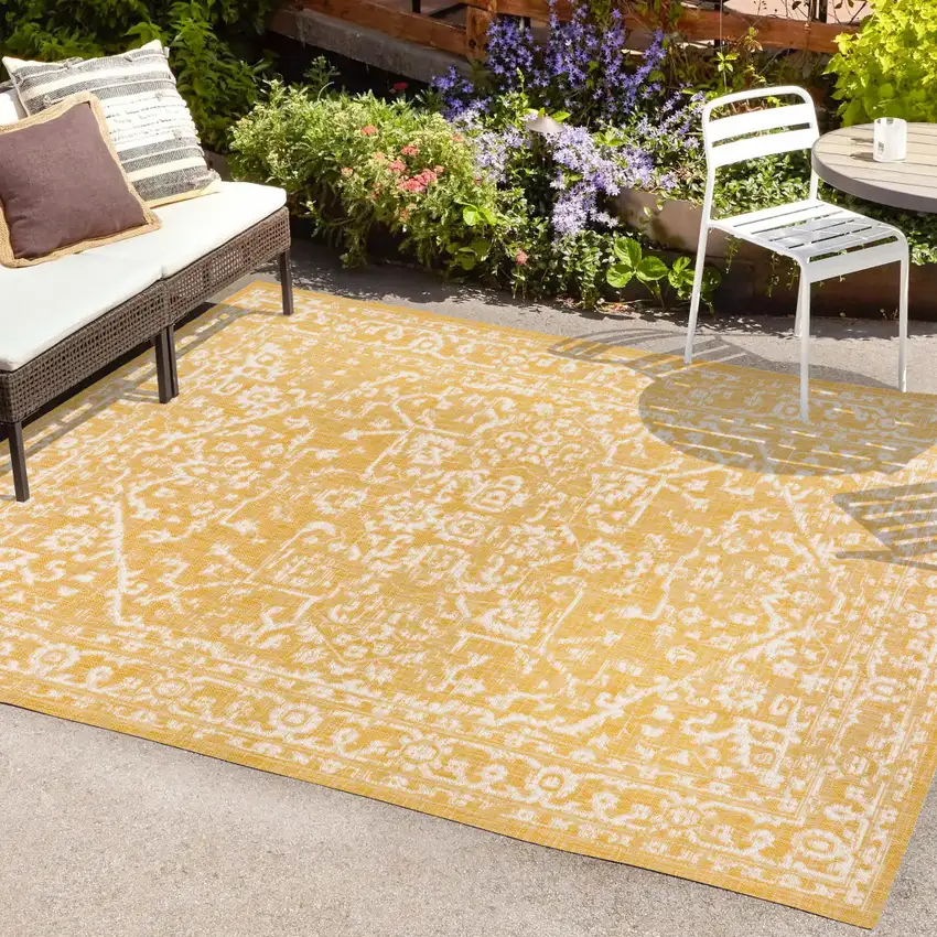 Yellow And Cream Medallion Indoor Outdoor Area Rug Photo 9