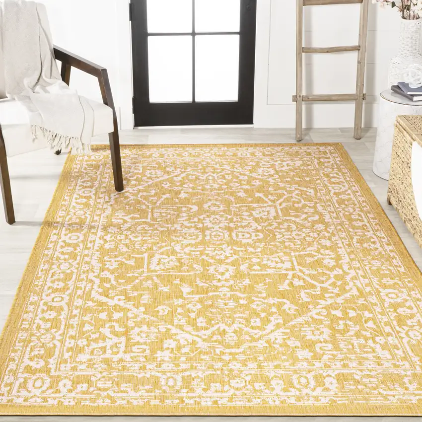 Yellow And Cream Medallion Indoor Outdoor Area Rug Photo 7