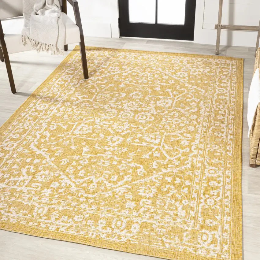 Yellow And Cream Medallion Indoor Outdoor Area Rug Photo 5