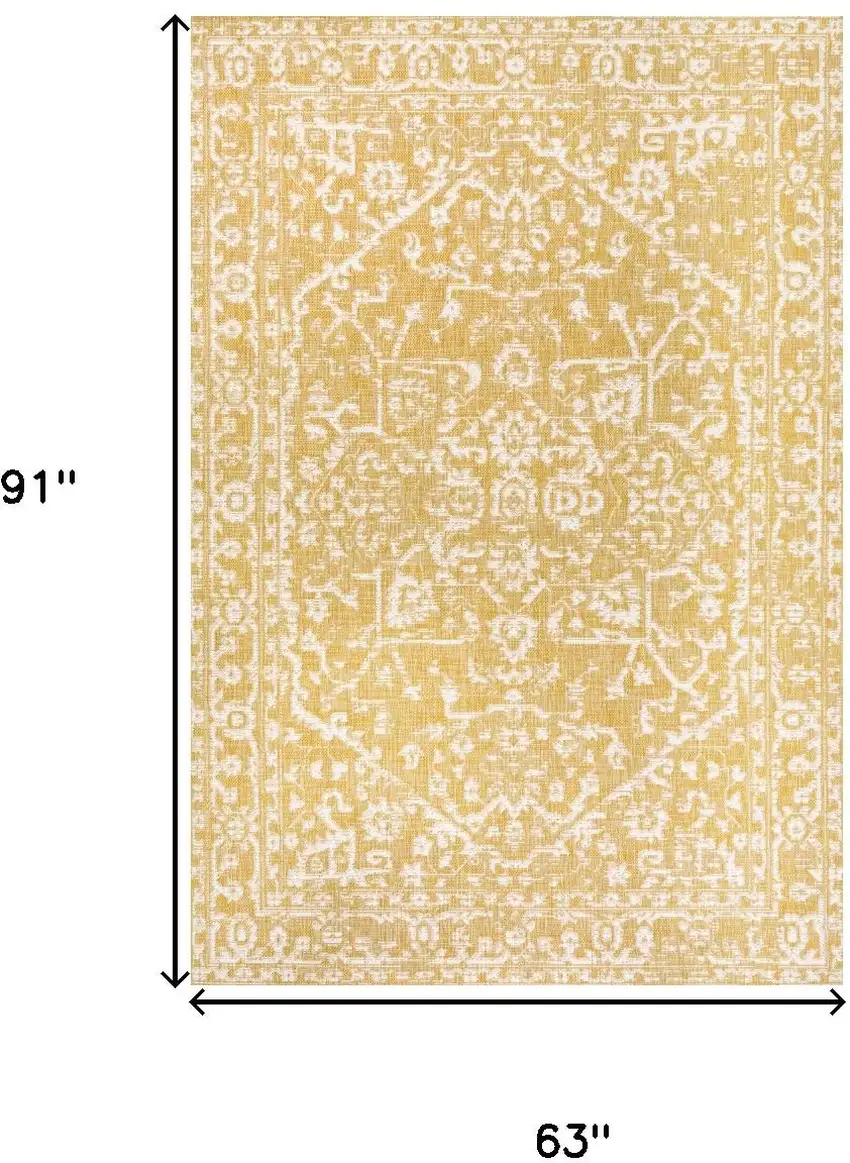 Yellow And Cream Medallion Indoor Outdoor Area Rug Photo 5