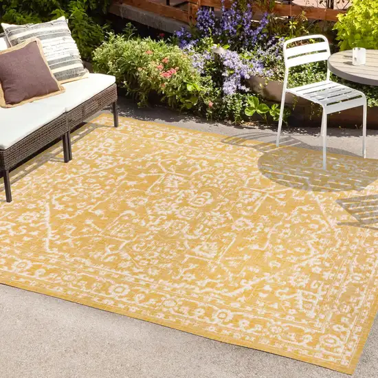 Yellow And Cream Medallion Indoor Outdoor Area Rug Photo 9