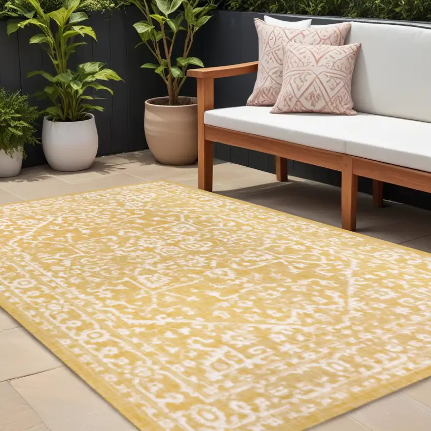 Yellow And Cream Medallion Indoor Outdoor Area Rug Photo 1