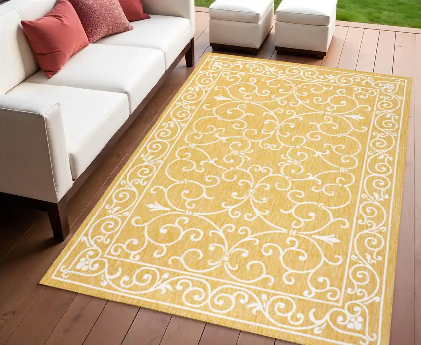 Yellow And Cream Medallion Indoor Outdoor Area Rug Photo 1