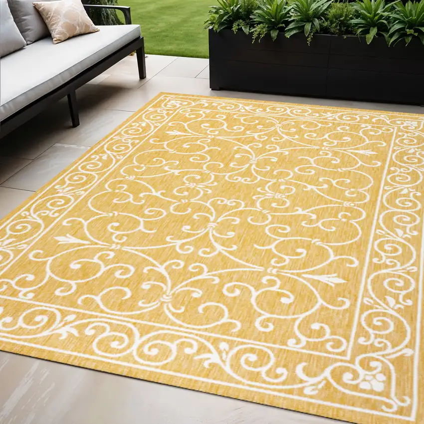 Yellow And Cream Medallion Indoor Outdoor Area Rug Photo 1