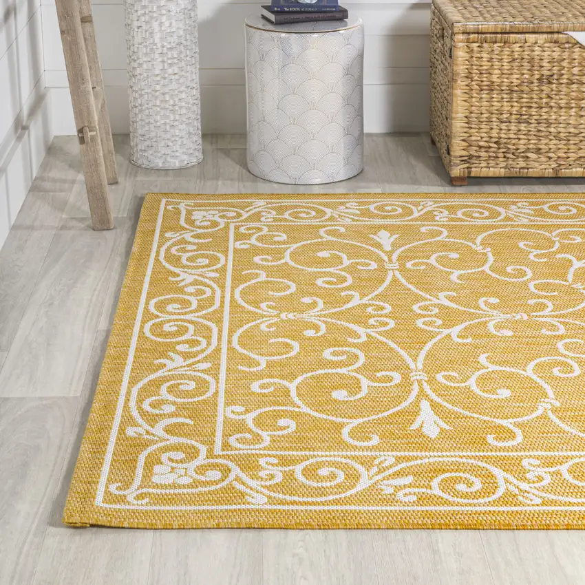 Yellow And Cream Medallion Indoor Outdoor Area Rug Photo 6