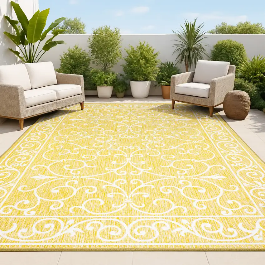 Yellow And Cream Medallion Indoor Outdoor Area Rug Photo 4