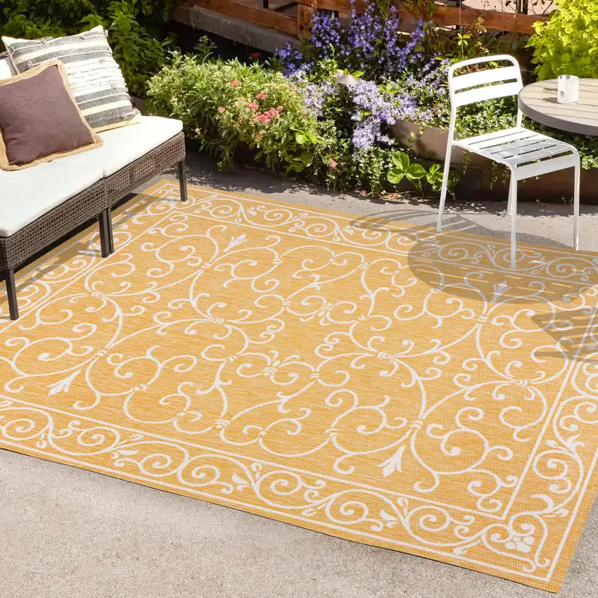 Yellow And Cream Medallion Indoor Outdoor Area Rug Photo 9