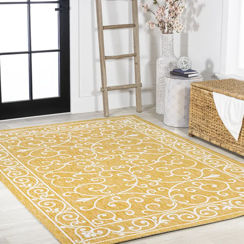 Yellow And Cream Medallion Indoor Outdoor Area Rug Photo 8