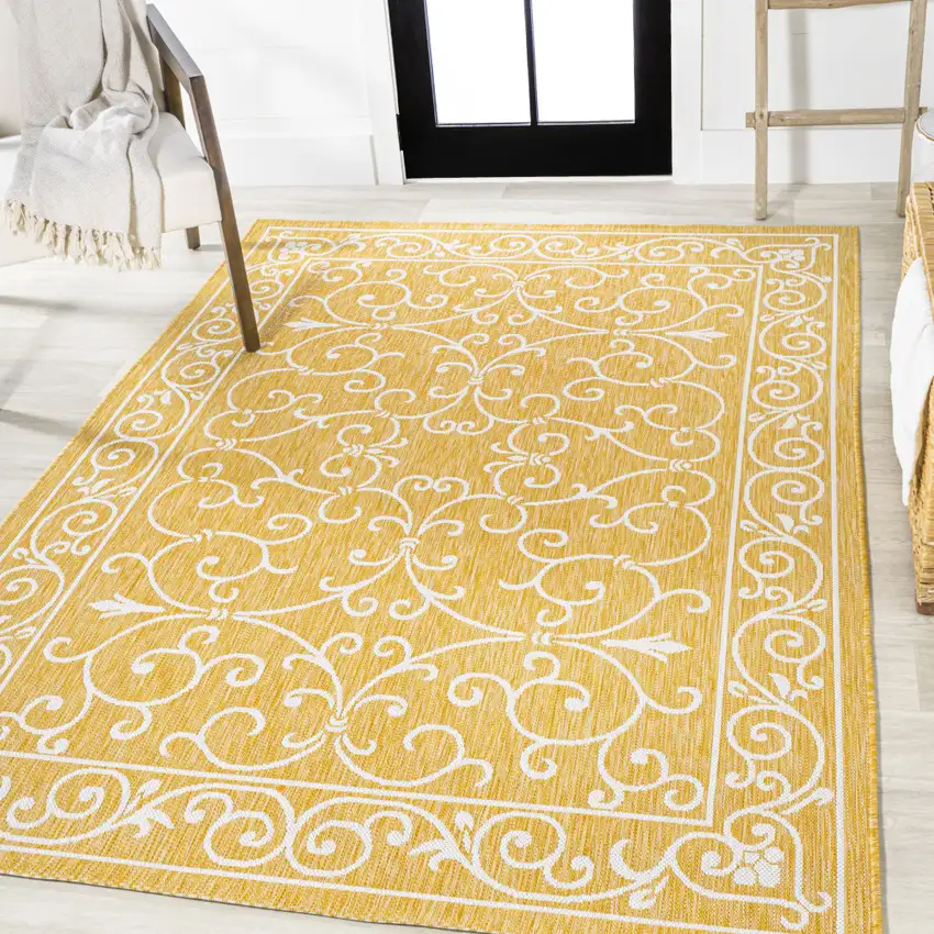 Yellow And Cream Medallion Indoor Outdoor Area Rug Photo 5