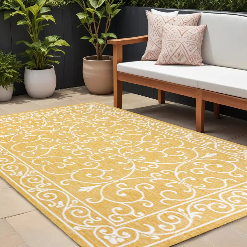 Yellow And Cream Medallion Indoor Outdoor Area Rug Photo 1