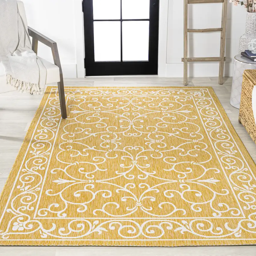 Yellow And Cream Medallion Indoor Outdoor Area Rug Photo 7