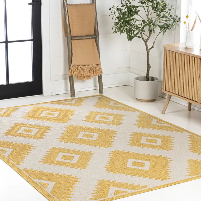 Yellow And Cream Moroccan Indoor Outdoor Area Rug Photo 8