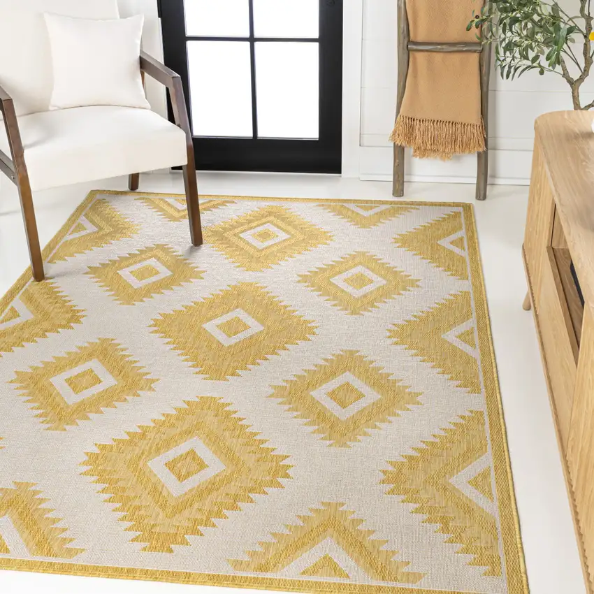 Yellow And Cream Moroccan Indoor Outdoor Area Rug Photo 5