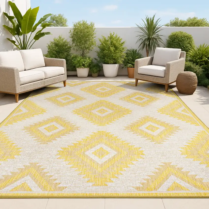 Yellow And Cream Moroccan Indoor Outdoor Area Rug Photo 3