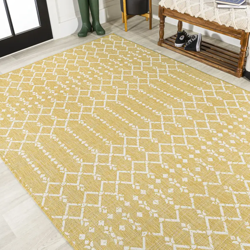Yellow And Cream Trellis Indoor Outdoor Area Rug Photo 7