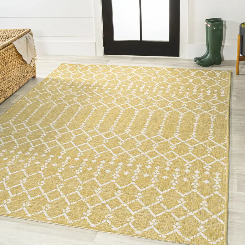 Yellow And Cream Trellis Indoor Outdoor Area Rug Photo 4