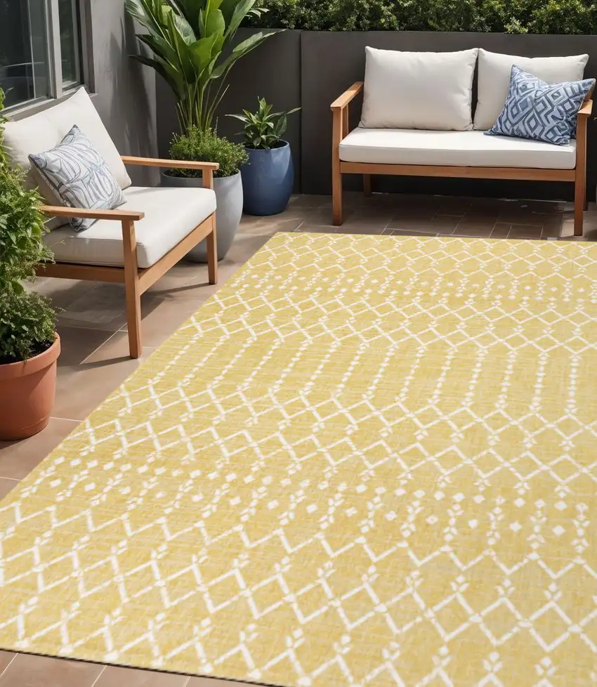 Yellow And Cream Trellis Indoor Outdoor Area Rug Photo 1