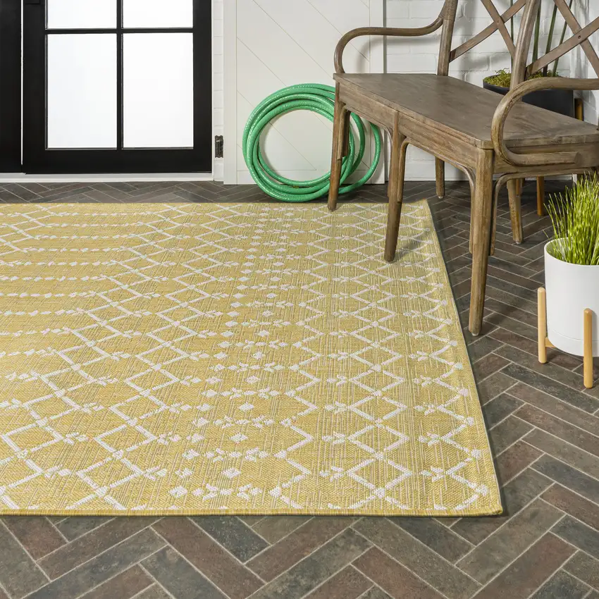 Yellow And Cream Trellis Indoor Outdoor Area Rug Photo 9