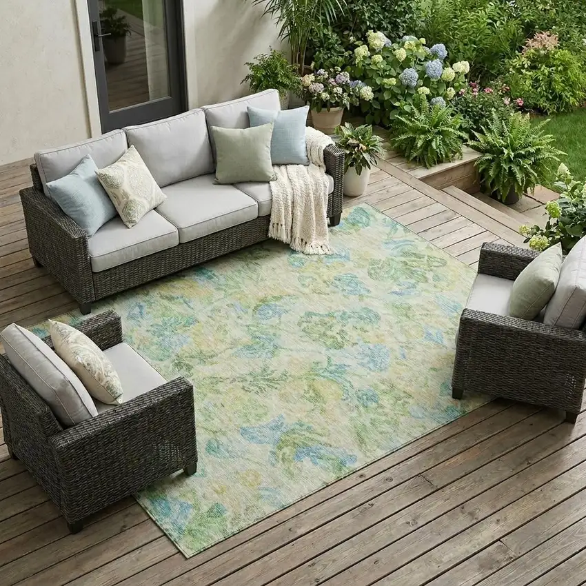 Yellow And Gold Floral Washable Indoor Outdoor Area Rug Photo 1