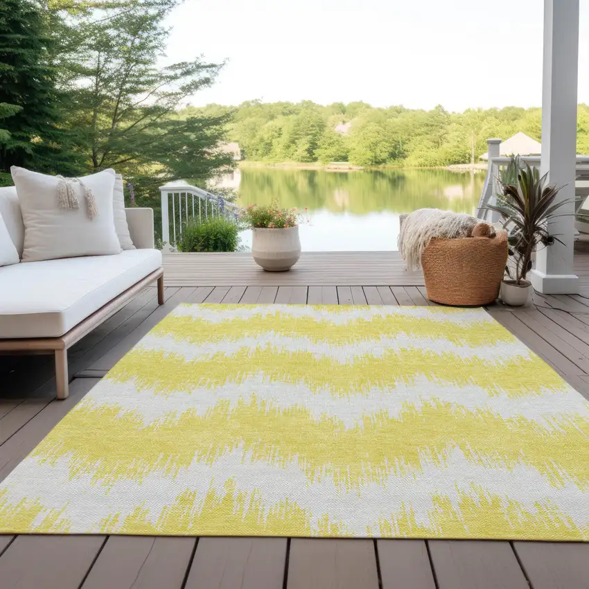 Yellow And Gray Chevron Washable Indoor Outdoor Area Rug Photo 8