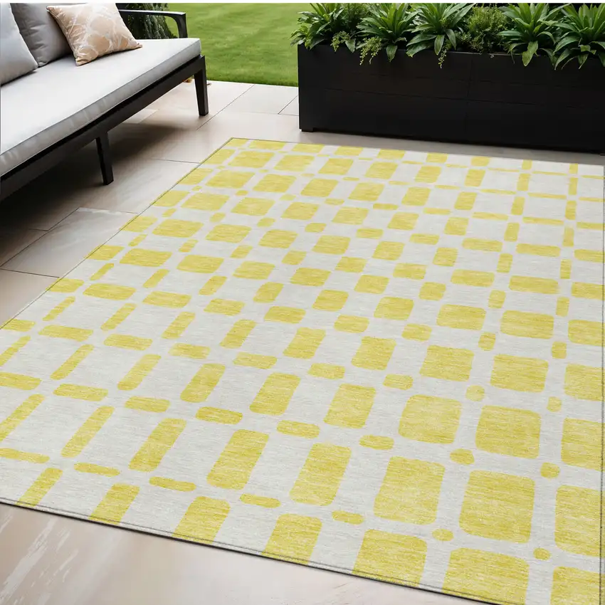 Yellow And Gray Geometric Washable Indoor Outdoor Area Rug Photo 1