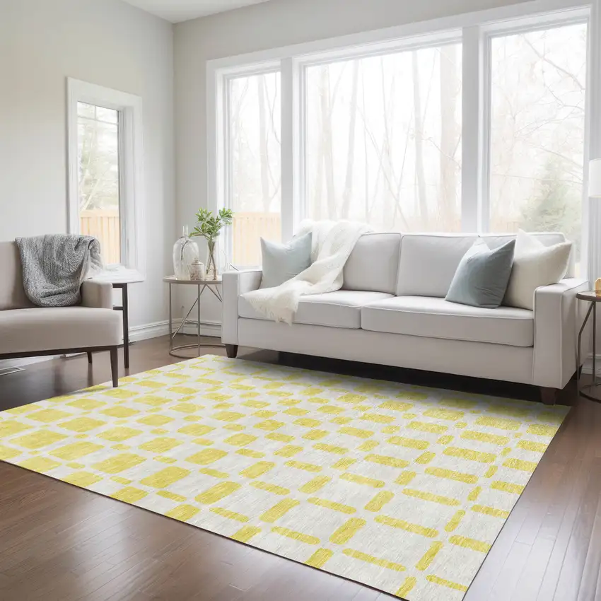 Yellow And Gray Geometric Washable Indoor Outdoor Area Rug Photo 9