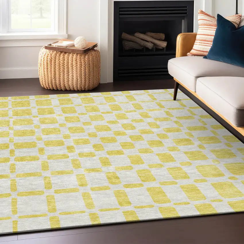 Yellow And Gray Geometric Washable Indoor Outdoor Area Rug Photo 8