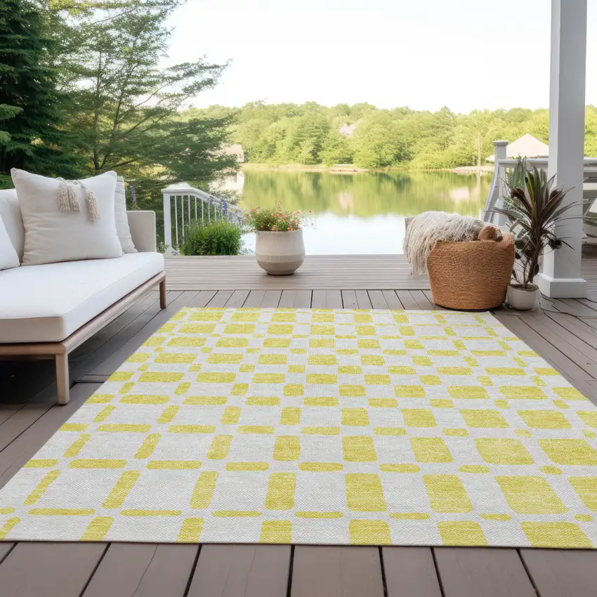 Yellow And Gray Geometric Washable Indoor Outdoor Area Rug Photo 9