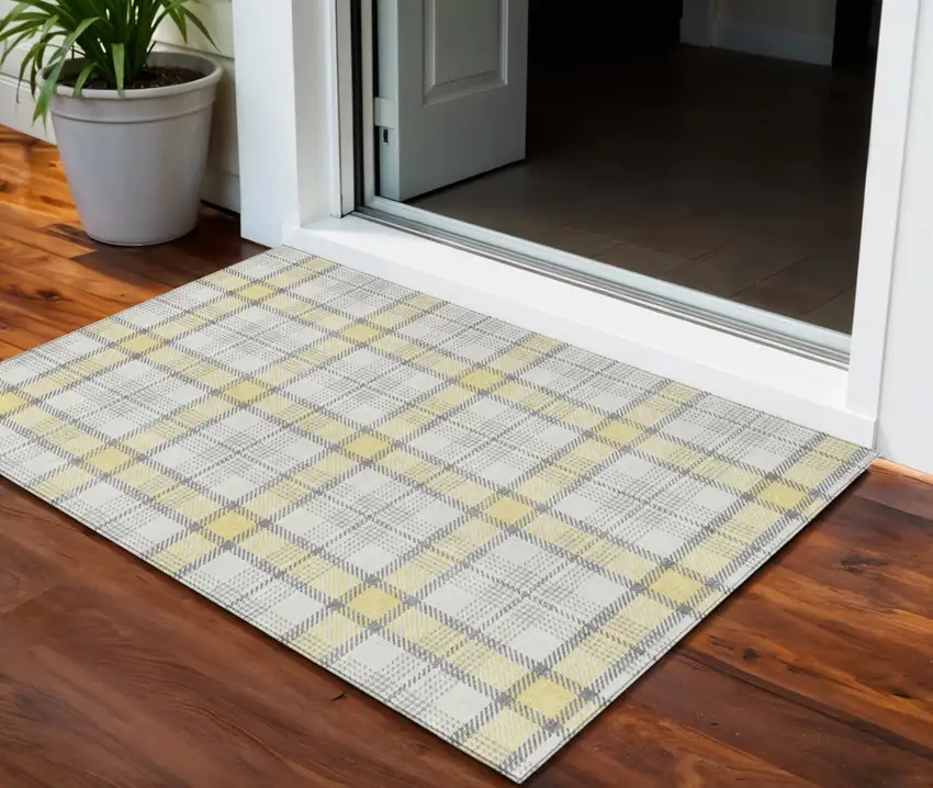Yellow And Gray Plaid Washable Indoor Outdoor Area Rug Photo 1