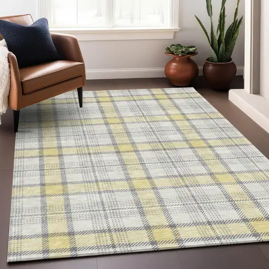 Yellow And Gray Plaid Washable Indoor Outdoor Area Rug Photo 7