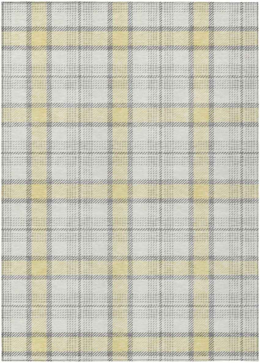 Yellow And Gray Plaid Washable Indoor Outdoor Area Rug Photo 2