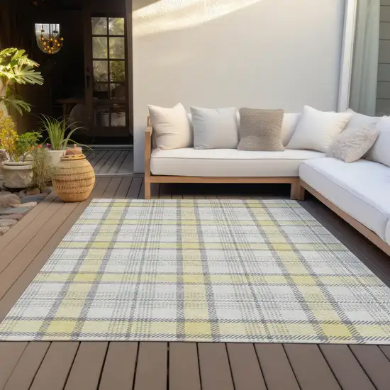 Yellow And Gray Plaid Washable Indoor Outdoor Area Rug Photo 9