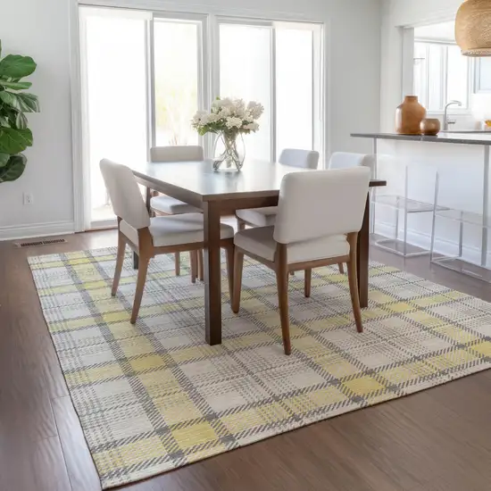 Yellow And Gray Plaid Washable Indoor Outdoor Area Rug Photo 8