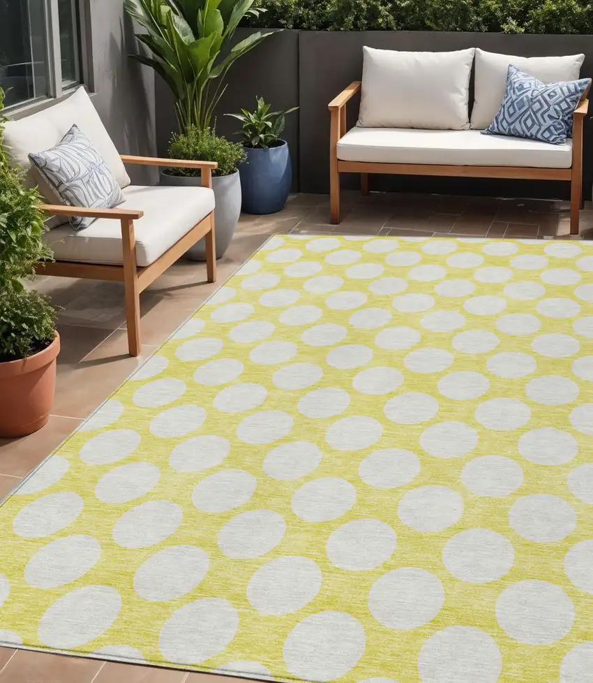 Yellow And Gray Polka Dot Washable Indoor Outdoor Area Rug Photo 1