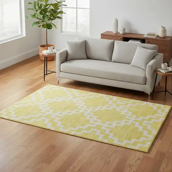 Yellow And Ivory Abstract Geometric Washable Area Rug With UV Protection Photo 2