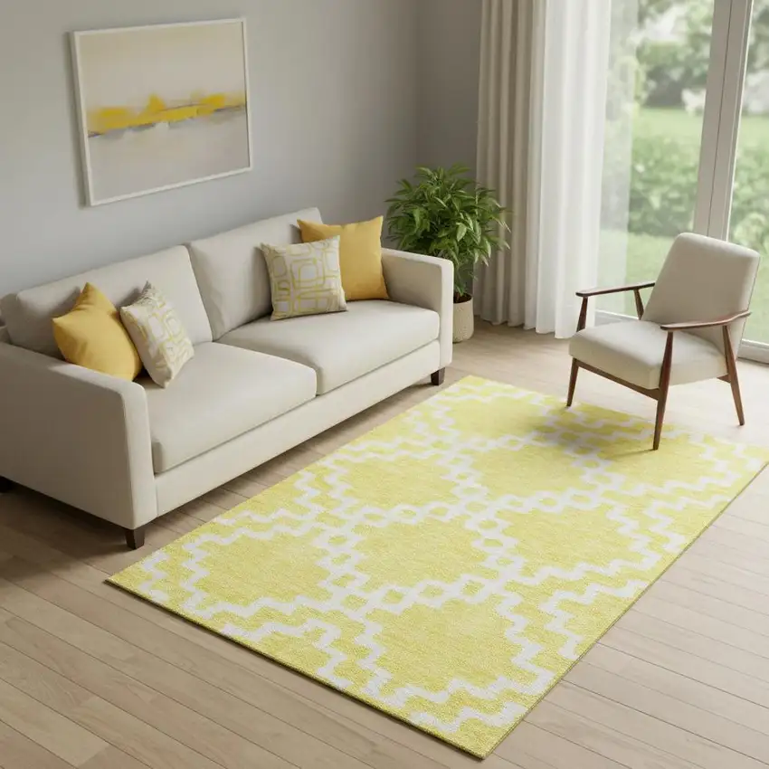 Yellow And Ivory Abstract Geometric Washable Area Rug With UV Protection Photo 1