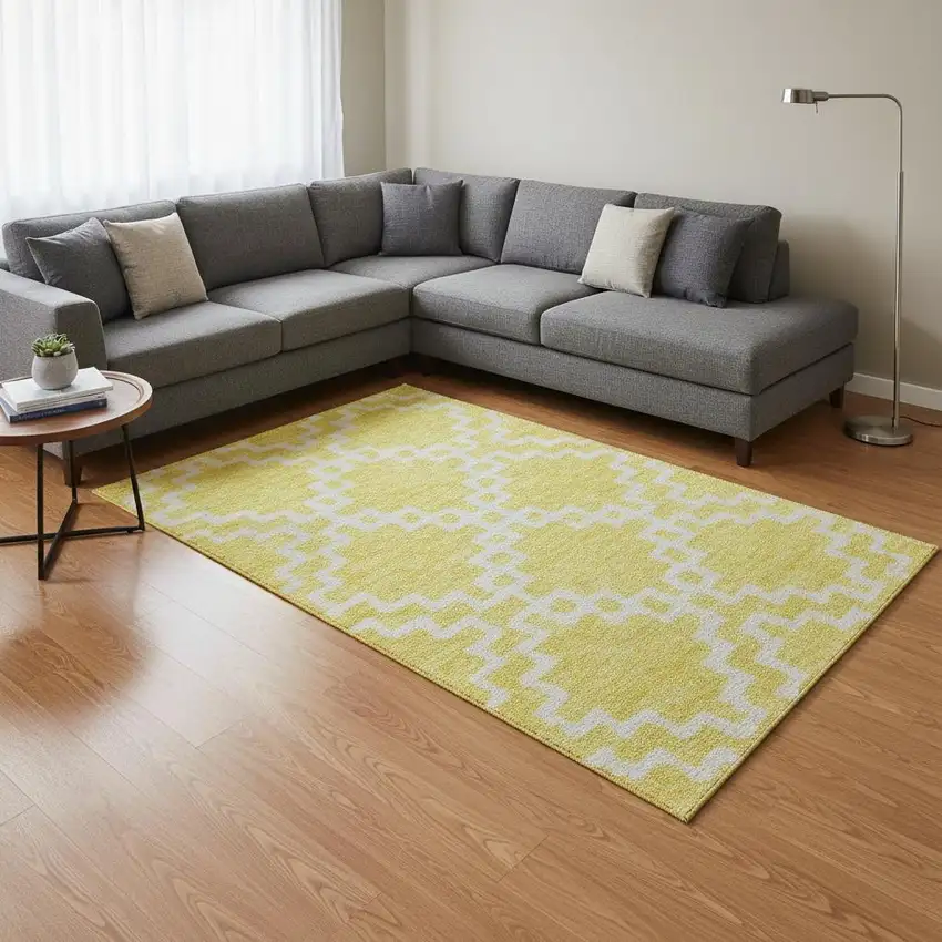 Yellow And Ivory Abstract Geometric Washable Area Rug With UV Protection Photo 2