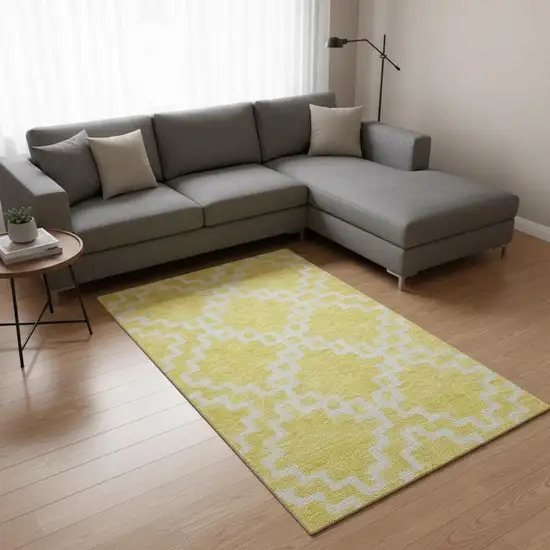 Yellow And Ivory Abstract Geometric Washable Area Rug With UV Protection Photo 2