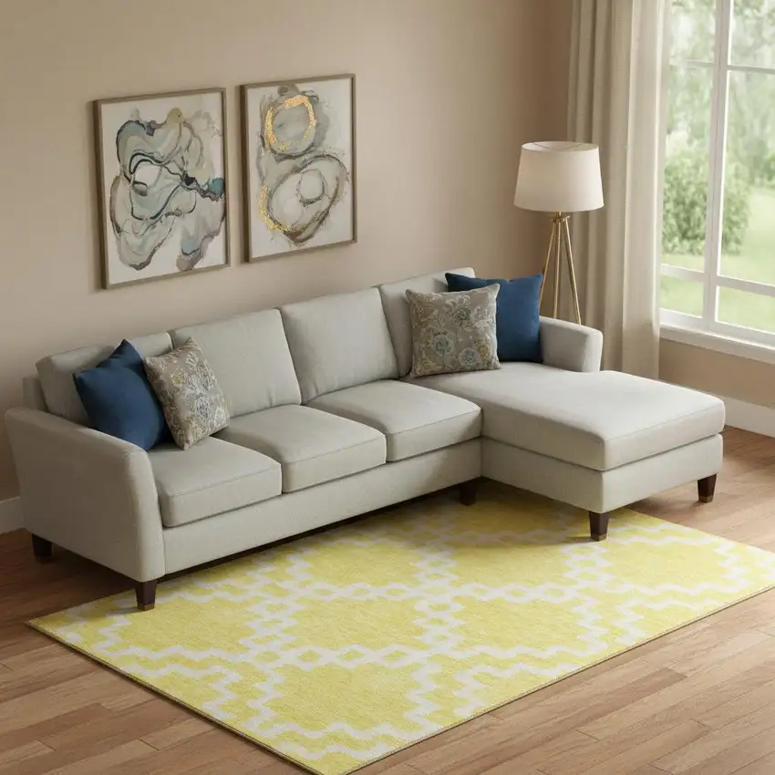 Yellow And Ivory Abstract Geometric Washable Area Rug With UV Protection Photo 1