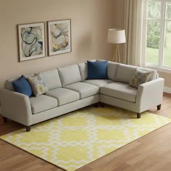 Yellow And Ivory Abstract Geometric Washable Area Rug With UV Protection Photo 1