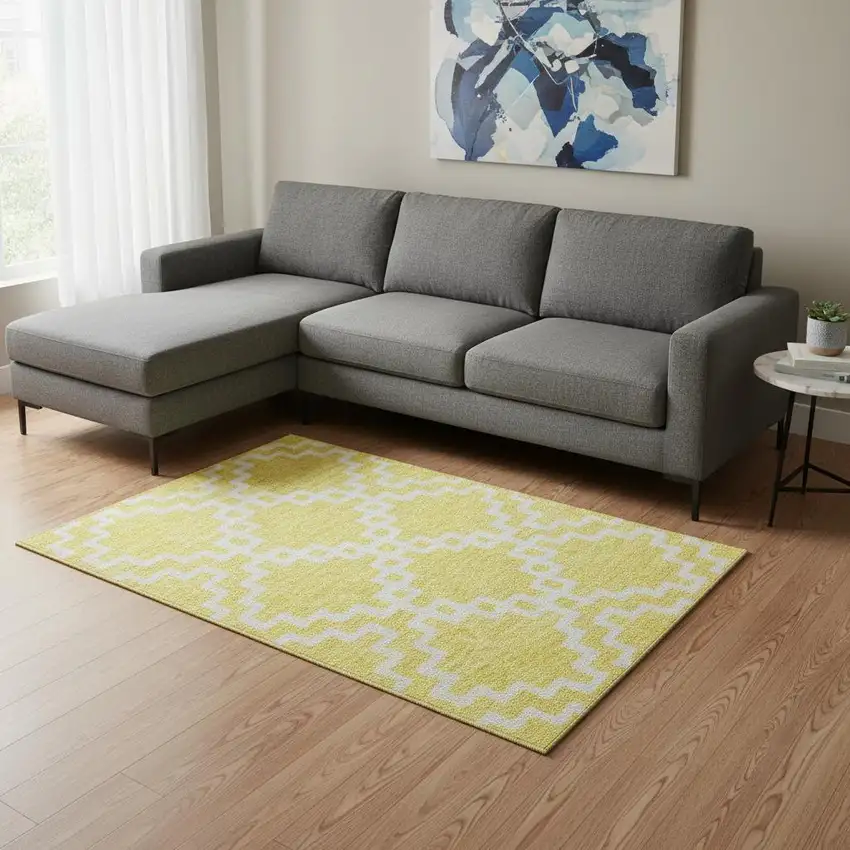 Yellow And Ivory Abstract Geometric Washable Area Rug With UV Protection Photo 2