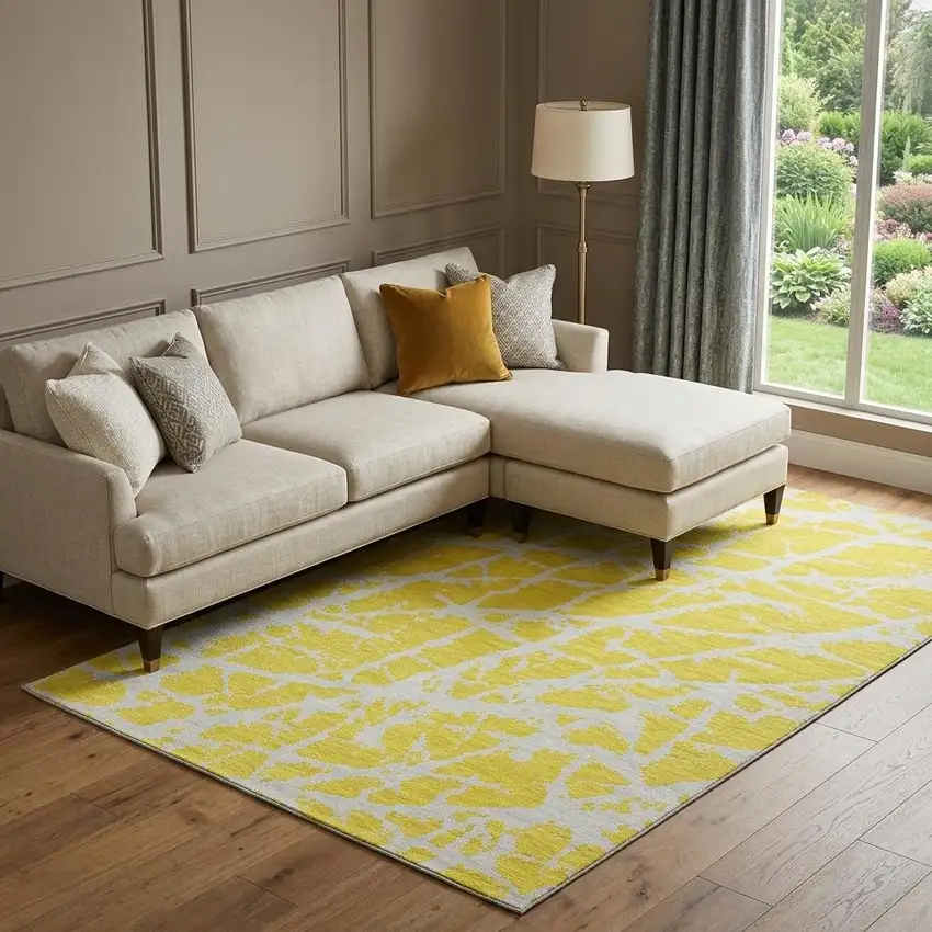 Yellow And Ivory Abstract Washable Area Rug With UV Protection Photo 1