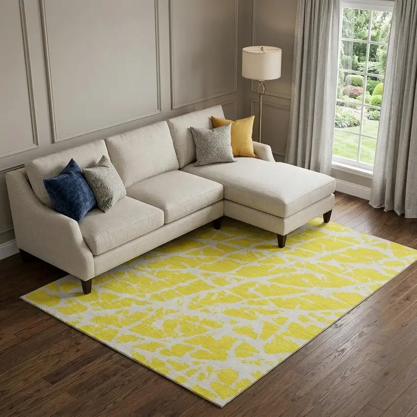 Yellow And Ivory Abstract Washable Area Rug With UV Protection Photo 1