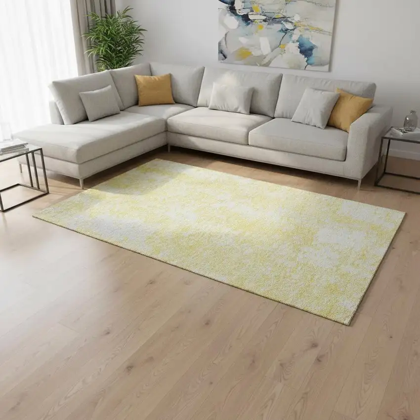 Yellow And Ivory Abstract Washable Area Rug With UV Protection Photo 2